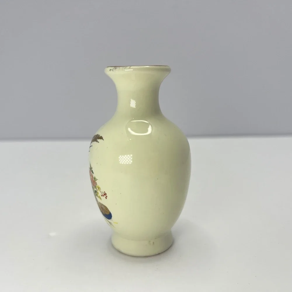 Vintage Bud Vase Pheasant Floral Gold Trim Chinoiserie Decor Grandmillennial
